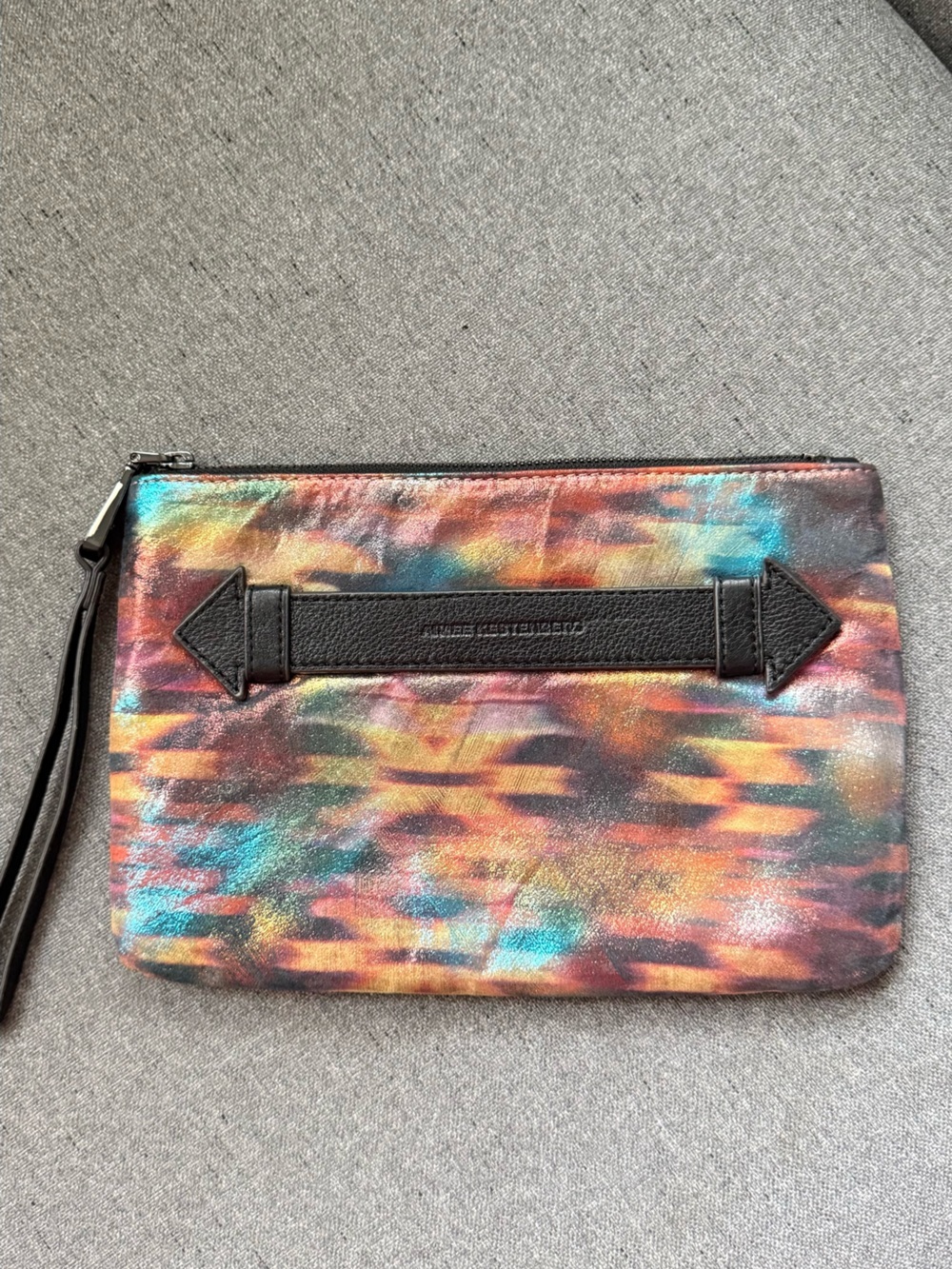 Aimee Kestenberg Metallic Abstract Leather Zip Clutch Wristlet Pouch Multicolor